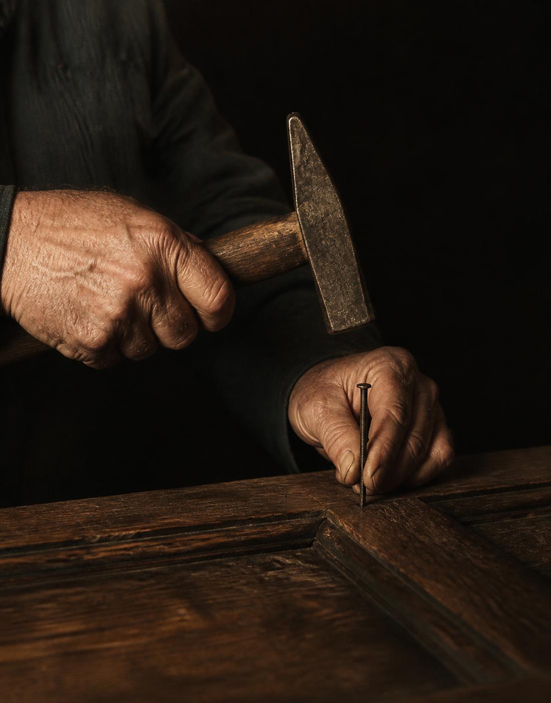 Hand mit Hammer setzt einen Nagel